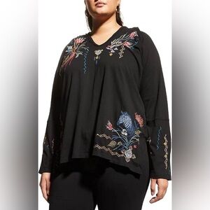 Johnny Was Watipaso Beach raw embroidered cotton hoodie top in black
